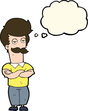 Bir insan tarafından çizilmiş düşünce balonlu bıyıklı kaslı adam.