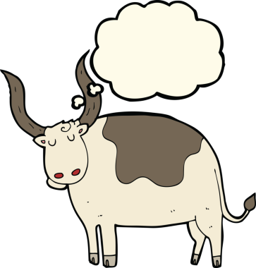 Bir insan tarafından çizilmiş düşünce baloncuklu bir öküz.