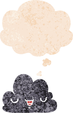 Düşünce baloncuğu ve grunge ile sevimli çizgi film bulutu bir insan tarafından çizilmiş sıkıntılı retro dokuma tarzı