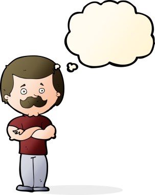 Bir insan tarafından çizilmiş düşünce baloncuğu olan erkek bıyıklı adam.