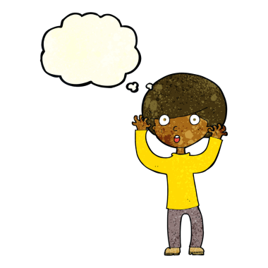 Bir insan tarafından çizilmiş düşünce baloncuğu ile ürkmüş bir çocuk.