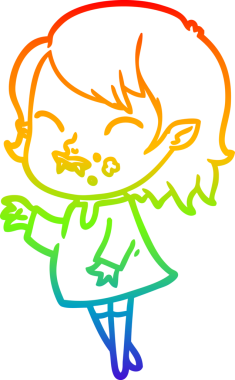 Gökkuşağı gradyan çizgisi. Bir insan tarafından çizilmiş yanağında kan olan vampir bir kız çizgi filmi.