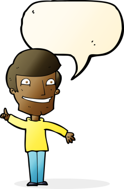 Bir insan tarafından çizilmiş konuşma balonuyla sırıtan bir karikatür adamı.