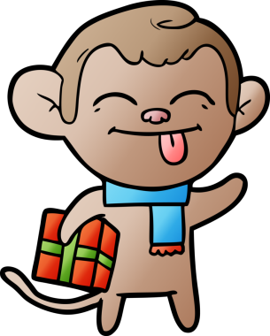 Bir insan tarafından çizilmiş Noel hediyeli komik çizgi film maymunu.