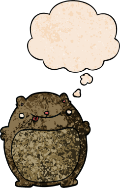 Düşünce baloncuğu ve insan tarafından çizilmiş grunge desenli çizgi film şişman ayısı.