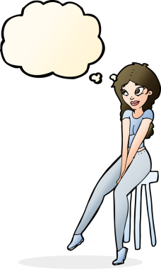 Bir insan tarafından çizilmiş düşünce baloncuğuyla taburedeki güzel kız.