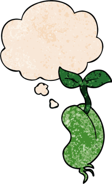 Bir insan tarafından çizilmiş grunge desen tarzında düşünce baloncuğu ile filizlenen çizgi film tohumu