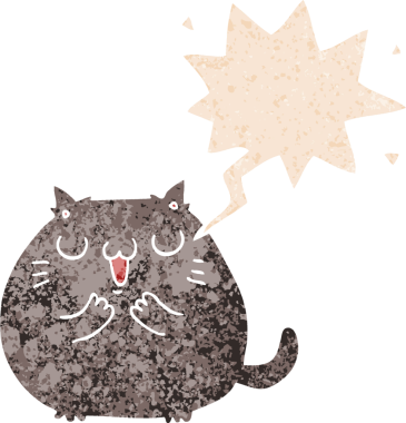 Mutlu çizgi film kedisi grunge 'da konuşma baloncuğu ile sıkıntılı retro dokuma tarzı bir insan tarafından çizilmiş