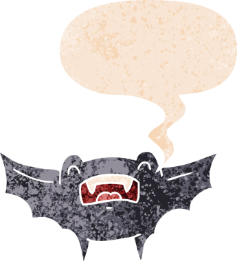 Konuşma baloncuğu olan çizgi vampir yarasa bir insan tarafından çizilmiş dertli retro tarzı