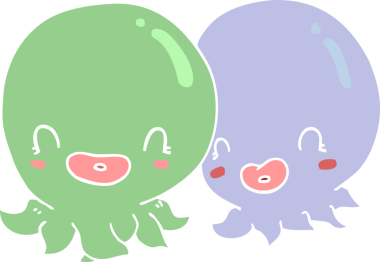 Bir insan tarafından çizilmiş iki düz renkli ahtapot.