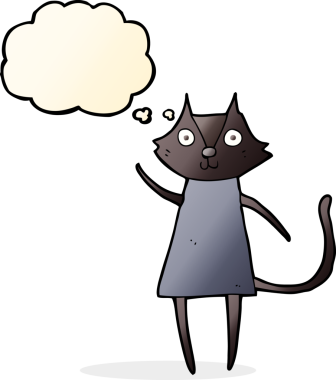 Bir insan tarafından çizilmiş düşünce baloncuğuyla el sallayan sevimli kara kedi çizgi filmi.