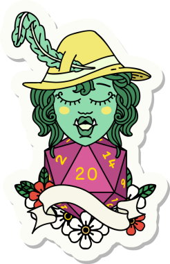 Bir insan tarafından çizilmiş 20 zarlı şarkı söyleyen yarı ork bir karakterin çıkartması.