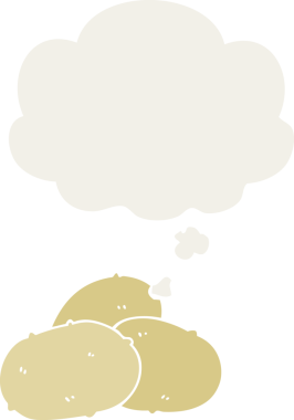 Düşünce baloncuklu patatesler insan tarafından çizilmiş.