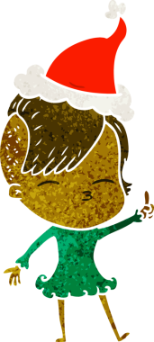 Bir insan tarafından çizilmiş Noel Baba şapkası giyen şaşı bir kızın el çizimi karikatürü.