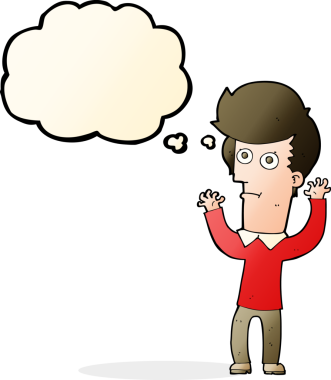 Bir insan tarafından çizilen düşünce baloncuğuyla şok olmuş bir adam.