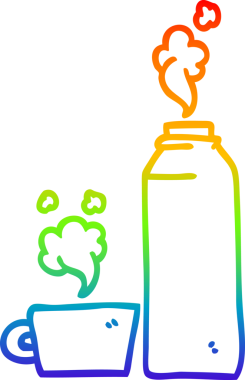 Gökkuşağı gradyan çizgi çizimi bir insan tarafından çizilmiş sıcak içecek şişesi.