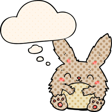 Bir insan tarafından çizilmiş çizgi roman tarzı düşünce baloncuğu olan sevimli çizgi film tavşanı.