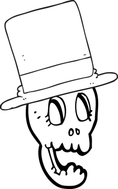 Bir insan tarafından çizilmiş silindir şapkalı siyah beyaz bir kafatası.