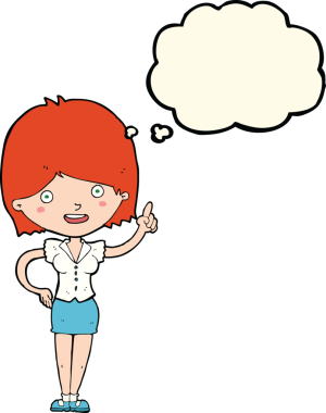 Bir insan tarafından çizilmiş düşünce baloncuğu fikri olan karikatür kadın.