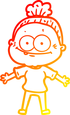 Bir insan tarafından çizilmiş mutlu, yaşlı bir kadının sıcak çizgi çizimi.