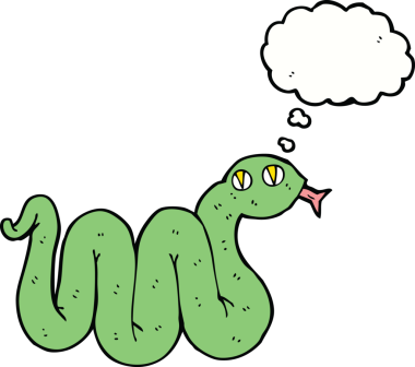 Bir insan tarafından çizilmiş düşünce baloncuklu komik çizgi film yılanı.