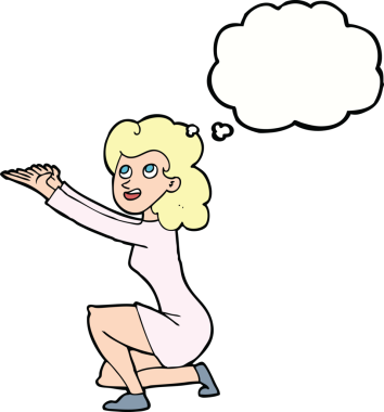 Bir insan tarafından çizilmiş düşünce kabarcığıyla sunum yapan karikatür kadını.