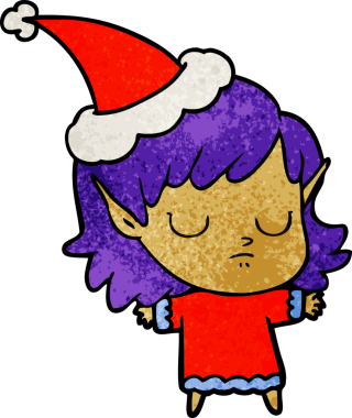 Bir insan tarafından çizilmiş Noel Baba şapkası giymiş elf bir kızın el çizimi karikatürü.