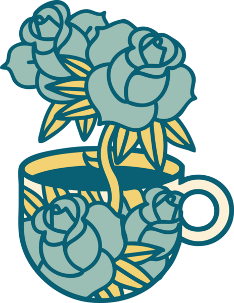 Bir fincan ve bir insan tarafından çizilmiş çiçeklerin ikonik dövme şekli