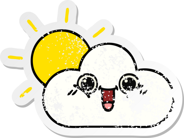 Tatlı bir çizgi film güneşinin sıkıntılı çıkartması ve bir insan tarafından çizilmiş bulut.