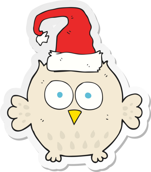 Bir insan tarafından çizilmiş Noel şapkası takan bir baykuşun çıkartması.