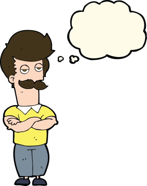 Bir insan tarafından çizilmiş düşünce balonlu bıyıklı kaslı adam.