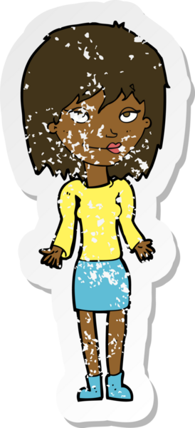 Bir insan tarafından çizilmiş omuzlarını silken karikatürlü bir kadının gerilmiş çıkartması.