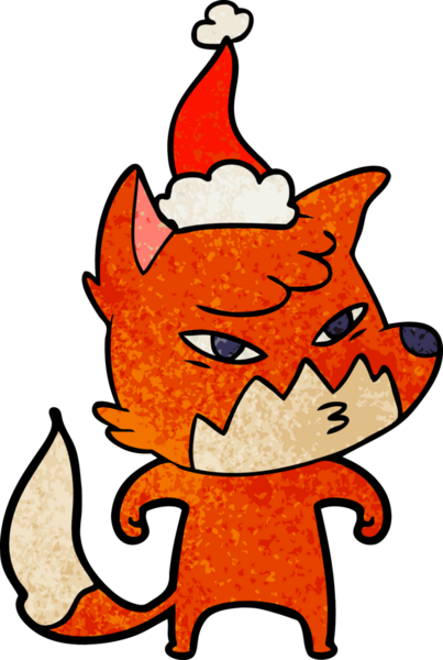 Bir insan tarafından çizilmiş Noel Baba şapkası takan bir tilki çizilmiş.