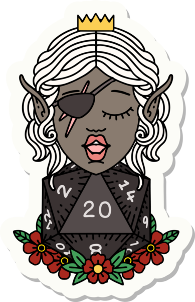 Bir insan tarafından çizilmiş doğal yirmi zarlı düzenbaz bir elf karakterinin çıkartması.