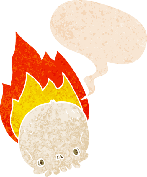 Ürkütücü karikatür alevli kafatası grunge sıkıntı retro tarzı bir insan tarafından çizilmiş