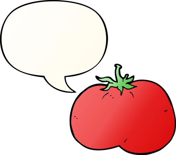 bir insan tarafından çizilmiş, konuşma baloncuklu çizgi film domatesi.