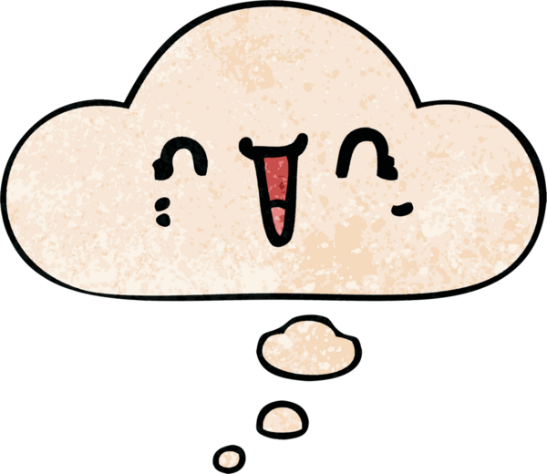 Bir insan tarafından çizilmiş grunge dokuma tarzında düşünce baloncuğu olan mutlu çizgi film yüzü