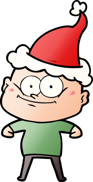 Bir insan tarafından çizilmiş Noel Baba şapkası giymiş kel bir adamın el çizimi karikatürü.