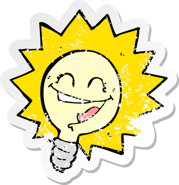 Bir insan tarafından çizilmiş mutlu bir ampul karikatürünün geriletilmiş yapıştırması.