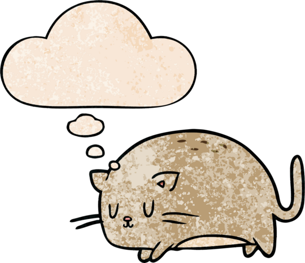 Bir insan tarafından çizilmiş grunge doku tarzında düşünce baloncuğu olan sevimli çizgi film kedisi.