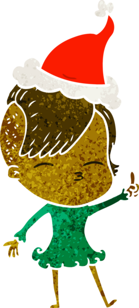 Bir insan tarafından çizilmiş Noel Baba şapkası giyen şaşı bir kızın el çizimi karikatürü.