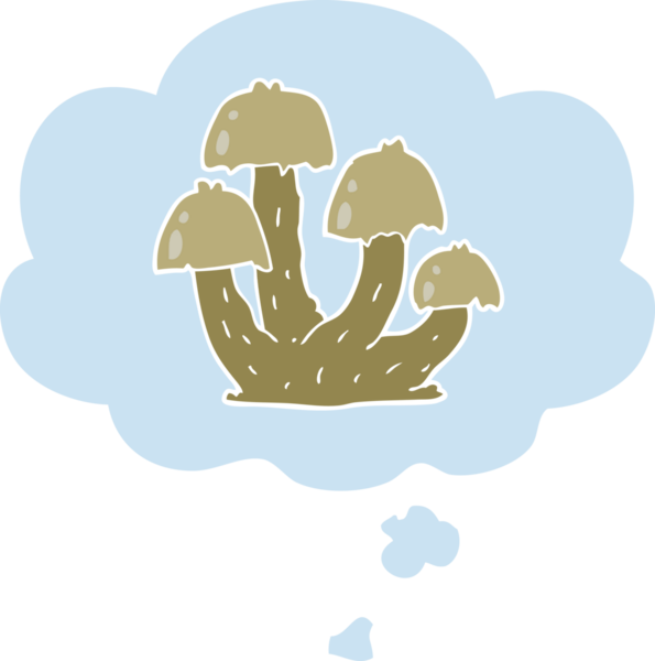 Düşünce baloncuğu olan karikatür mantarları insan tarafından çizilmiş.