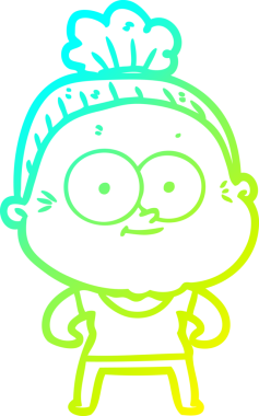 Bir insan tarafından çizilmiş, mutlu, yaşlı bir kadının çizimi.