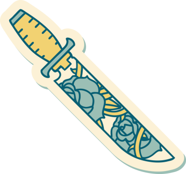 Geleneksel bir hançer stili dövme çıkartması ve bir insan tarafından çizilmiş çiçekler.