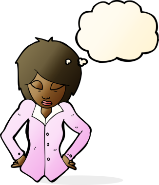 Bir insan tarafından çizilmiş düşünce baloncuğu olan elleri kalçasında çizgi film kadını.