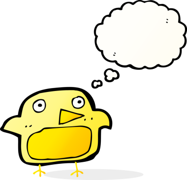 Bir insan tarafından çizilmiş düşünce baloncuklu çizgi film kuşu.