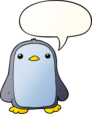 Bir insan tarafından çizilmiş düzgün eğimli konuşma baloncuğu olan sevimli penguen çizgi filmi