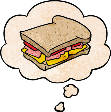 Düşünce baloncuklu jambonlu sandviç. Bir insan tarafından çizilmiş.