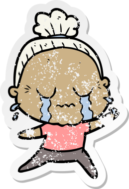 Bir insan tarafından çizilmiş, ağlayan yaşlı bir kadın karikatürü.