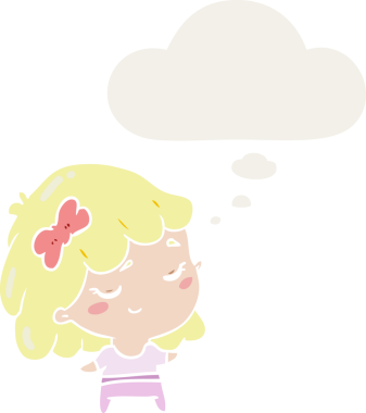 Bir insan tarafından çizilmiş düşünce baloncuğu olan mutlu bir çizgi film kızı.